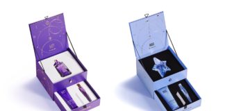 site-industries-cosmetiques Un coffret violet avec un flacon violet et un coffret pur commerce par mugler pour la fête des mères.