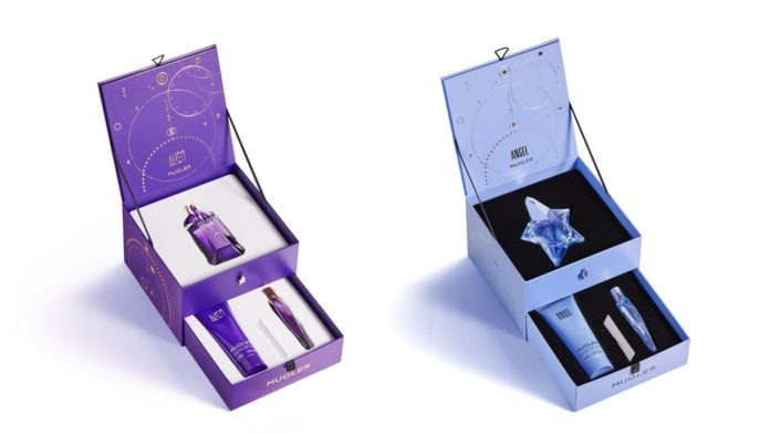 site-industries-cosmetiques A purple box with a purple bottle and a purely commercial box by mugler for Mother's Day.