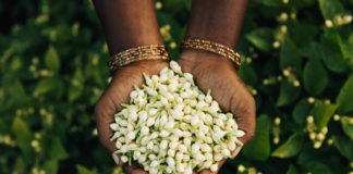 site-industries-cosmetiques A woman holds a bouquet of white flowers.