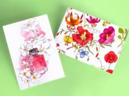 site-industries-cosmetiques Orlandi 和 PO Groupe 提供的可回收纸张在绿色背景上散发着鲜花和香水瓶的香味。