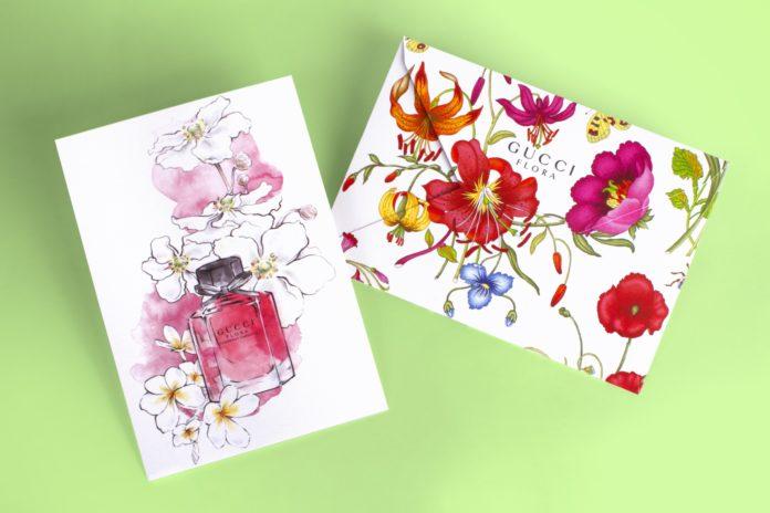 site-industries-cosmetiques Orlandi et PO Groupe proposent un papier recyclable parfumé avec des fleurs et un flacon de parfum sur fond vert.