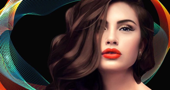 site-industries-cosmetiques Una mujer utiliza SantEnergy™ para combatir la caída del cabello frente a un vibrante telón de fondo.