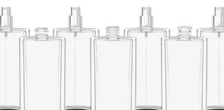 site-industries-cosmetiques Six clear glass bottles.