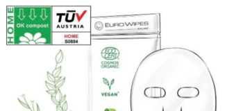 site-industries-cosmetiques Un masque tissu biodégradable avec une feuille verte.