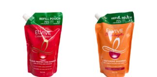 site-industries-cosmetiques Two elvive hair care products on white background with eco-refill.