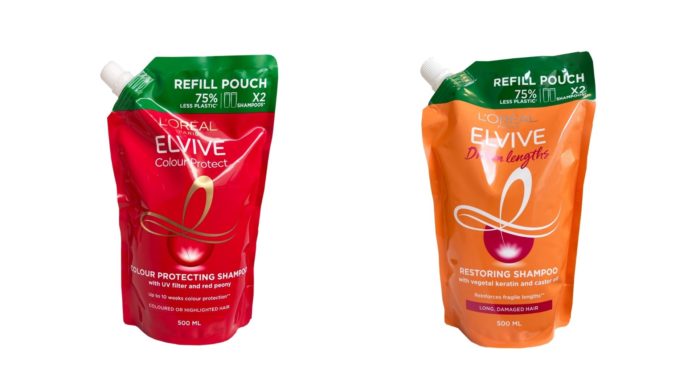 site-industries-cosmetiques Dos productos elvive para el cuidado del cabello sobre fondo blanco con relleno ecológico.