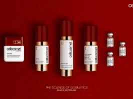 site-industries-cosmetiques 红色背景上的一组化妆品，带有一点自动拼接的效果。