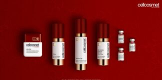 site-industries-cosmetiques 红色背景上的一组化妆品，带有一点自动拼接的效果。