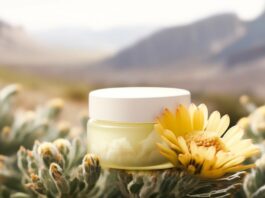 site-industries-cosmetiques Um frasco de creme colocado sobre uma flor no deserto, criando uma sinergia calmante entre a natureza e os cuidados da pele.