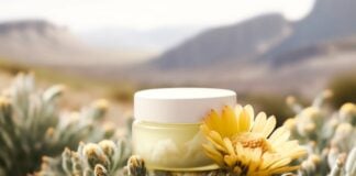 site-industries-cosmetiques Un tarro de crema colocado sobre una flor en el desierto, creando una sinergia relajante entre la naturaleza y el cuidado de la piel.