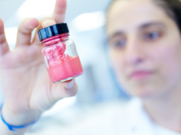 site-industries-cosmetiques Un individu concentré en blouse de laboratoire examinant un petit pot contenant une substance rose, innovation cosmétique pionnière avec des ingrédients naturels en Bretagne.