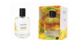 site-industries-cosmetiques Imagen de un frasco de eau de parfum Loolong "terre d'Oc" con su colorido envase, que presenta un vibrante motivo abstracto en amarillo, verde y naranja. El frasco, de diseño ecológico, exhibe con orgullo la mención "Made in France" tanto en el frasco como en la caja.