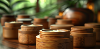 site-industries-cosmetiques A collection of wooden containers filled with cream is arranged on a wooden surface, exhibiting a certain self-drawn charm. The containers vary in size and shape, some opening to reveal the cream inside. The background includes fuzzy greenery and additional containers.