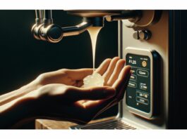 site-industries-cosmetiques Une personne tient ses mains sous une micro-usine tandis qu'une substance blanche s'en écoule. La machine, dotée d'une interface numérique avec des boutons et d'un écran d'affichage affichant « 11:23 » et « Open », est bien éclairée, mettant en valeur les mains et l'appareil au milieu d'un ensemble de concentrés solides.