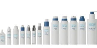 site-industries-cosmetiques A row of fourteen white Brouillon skincare bottles and containers, of various sizes and shapes, each labeled in blue, arranged in a row on a plain white background. The containers are labelled "Derma series".
