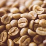 site-industries-cosmetiques Gros plan sur des grains de café vert non torréfiés empilés. Leur surface lisse et légèrement brillante, d'une couleur brun-vert clair, est appréciée pour ses propriétés antifatigue naturelles.