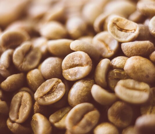 site-industries-cosmetiques Gros plan sur des grains de café vert non torréfiés empilés. Leur surface lisse et légèrement brillante, d'une couleur brun-vert clair, est appréciée pour ses propriétés antifatigue naturelles.