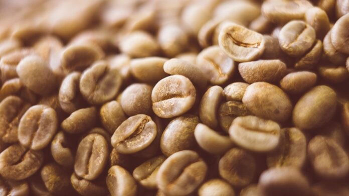 site-industries-cosmetiques Gros plan sur des grains de café vert non torréfiés empilés. Leur surface lisse et légèrement brillante, d'une couleur brun-vert clair, est appréciée pour ses propriétés antifatigue naturelles.