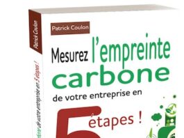 site-industries-cosmetiques 帕特里克-库隆（Patrick Coulon）撰写的题为 "Mesurez l'empreinte carbone de votre entreprise en 5 étapes!封面是以环境为主题的绿色插图和一个大大的红色数字 "5"。
