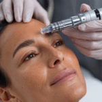site-industries-cosmetiques Uma mulher com uma bandolete deita-se numa cama de tratamento enquanto um profissional com luvas utiliza um dispositivo automático de microagulhamento Brouillon na sua testa. A mulher parece relaxada e tem os olhos abertos.