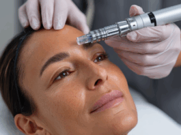 site-industries-cosmetiques Une femme portant un bandeau est allongée sur un lit de traitement pendant qu'un professionnel ganté utilise un appareil de microneedling automatique Brouillon sur son front. La femme semble détendue et a les yeux ouverts.