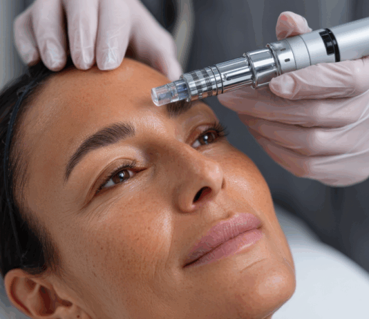 site-industries-cosmetiques 一位戴着头巾的女士躺在治疗床上，一位戴着手套的专业人员正在她的额头上使用 Brouillon 自动微针仪。这位女士看起来很放松，眼睛睁得大大的。