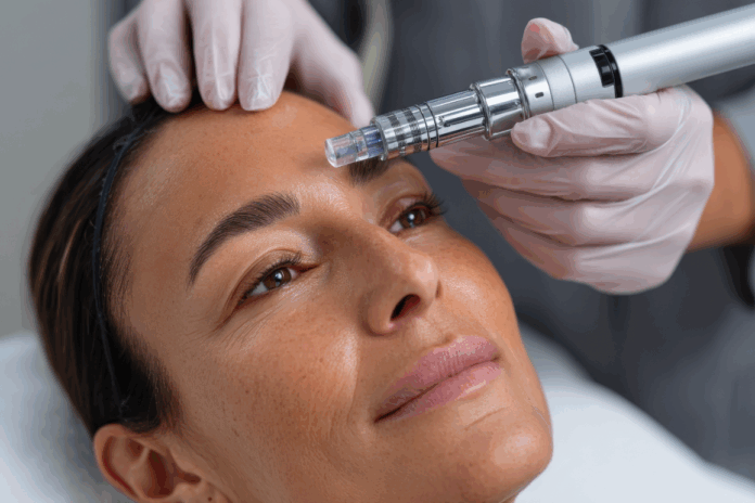 site-industries-cosmetiques 一位戴着头巾的女士躺在治疗床上，一位戴着手套的专业人员正在她的额头上使用 Brouillon 自动微针仪。这位女士看起来很放松，眼睛睁得大大的。