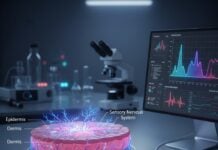 site-industries-cosmetiques Um laboratório apresenta um corte transversal etiquetado de pele humana, ligado a sensores electrónicos e a um computador que apresenta tabelas de dados; equipamento científico, como um microscópio e tubos de ensaio, apoia a bioimpressão e os testes cosméticos ao fundo.