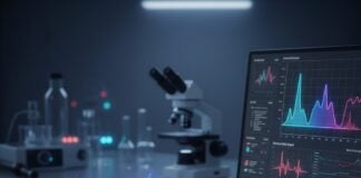 site-industries-cosmetiques 一个实验室展示了贴有标签的人体皮肤横截面，与电子传感器和显示数据表的计算机相连；显微镜和试管等科学设备在背景中支持生物打印和化妆品测试。