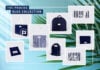 site-industries-cosmetics Presentation of navy blue and white packaging items, including tote bags, pouches, a garment bag and boxes from the Procos Blue Collection Brouillon auto. The background features a light blue gradient with palm leaf shadows.