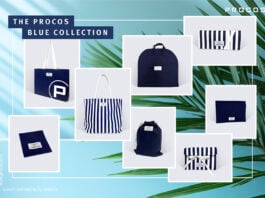 site-industries-cosmetics 展示深蓝色和白色的包装产品，包括手提袋、小袋、服装袋和来自 Procos Blue Collection Brouillon auto 的包装盒。背景为浅蓝色渐变，带有棕榈叶的阴影。