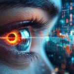 site-industries-cosmetiques Grande plano de um olho humano com uma interface digital luminosa reflectida na íris, com padrões circulares cor de laranja. No fundo, são visíveis gráficos, tabelas e ecrãs de dados digitais, sugerindo tecnologia avançada.