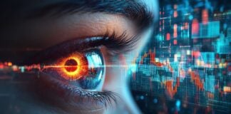 site-industries-cosmetiques Close-up of a human eye with a luminous digital interface reflected in the iris, with orange circular patterns. In the background, graphs, charts and digital data displays are visible, suggesting advanced technology.