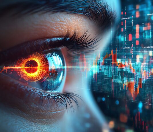 site-industries-cosmetiques Gros plan d'un œil humain avec une interface numérique lumineuse reflétée dans l'iris, avec des motifs circulaires orange. En arrière-plan, des graphiques, des tableaux et des affichages de données numériques sont visibles, suggérant une technologie avancée.