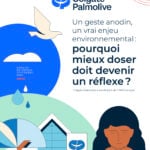 site-industries-cosmetiques Colgate-Palmolive's French-language promotional poster, labelled "Brouillon auto", features a dove, a building, a woman holding a heart and environmental icons, highlighting the importance of correct product dosage for environmental reasons.