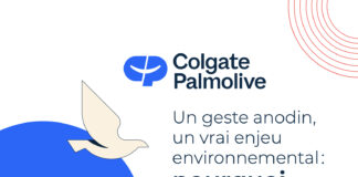 site-industries-cosmetiques Colgate-Palmolive's French-language promotional poster, labelled "Brouillon auto", features a dove, a building, a woman holding a heart and environmental icons, highlighting the importance of correct product dosage for environmental reasons.