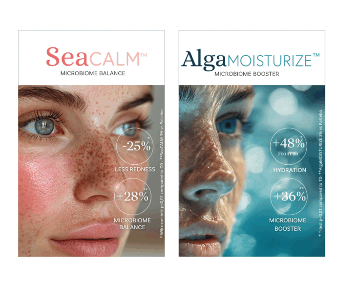 site-industries-cosmetiques Dois anúncios de produtos de cuidados da pele lado a lado. O anúncio da esquerda, SeaCALM, mostra o rosto de uma mulher coberto de sardas com texto indicando "-25% menos vermelhidão" e "+28% equilíbrio do microbioma". O anúncio da direita, AlgaMOISTURIZE, mostra o rosto de outra mulher com "+48 % de hidratação" e "+36 % de estimulação do microbioma".