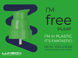 site-industries-cosmetiques Um dispensador de bomba de plástico verde está centrado num fundo verde, com texto a realçar que se trata de uma bomba sem metal da Lumson, destacando a inovação na construção de plástico e os benefícios ambientais.