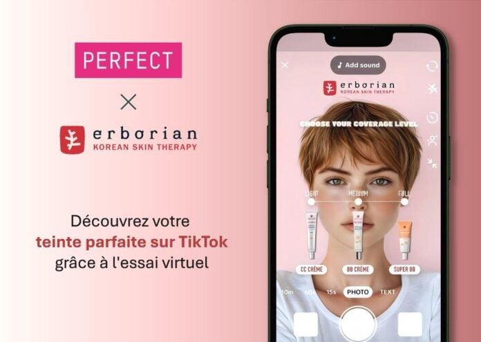 site-industries-cosmetiques Un teléfono muestra una aplicación virtual de prueba de maquillaje de Erborian, que muestra diferentes niveles de cobertura en el rostro de una mujer. El fondo incluye el logotipo de Erborian y un texto que invita a las usuarias a encontrar su tono perfecto en TikTok.