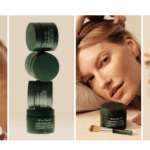 site-industries-cosmetiques 四张图片展示了一位皮肤白皙的女士使用绿色罐子里的 Kat Burki 护肤品。在一张图片中，产品被叠放在一起，而在另一张图片中，这位女士用刷子将面霜涂抹在脸上。.