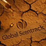site-industries-cosmetiques 滴管将液体释放到干裂的土地上。泥土上刻有 "Global Scentrack "字样和一个圆形标志，彰显了 TechnicoFlor 对减少香料世界碳足迹的承诺。