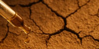 site-industries-cosmetiques Un cuentagotas libera el líquido sobre la tierra seca y agrietada. El texto "Global Scentrack" y un logotipo circular están grabados en la tierra, subrayando el compromiso de TechnicoFlor de reducir la huella de carbono en el mundo de las fragancias.