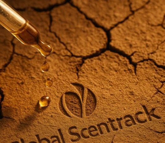 site-industries-cosmetiques A dropper releases the liquid onto the dry, cracked earth. The text "Global Scentrack" and a circular logo are etched into the soil, underlining TechnicoFlor's commitment to reducing the carbon footprint in the world of fragrances.