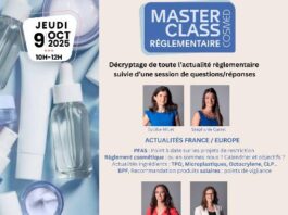 site-industries-cosmetiques 2025 年 10 月 9 日举办的 Cosmed MasterClass（化妆品管理大师班）的宣传海报，该大师班由顶尖专业人士主讲，主题包括法规新闻、PFAS 和国际最新动态，采用蓝白配色，重点介绍化妆品法规和行业成功经验。.