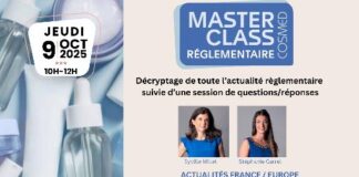 site-industries-cosmetiques 2025 年 10 月 9 日举办的 Cosmed MasterClass（化妆品管理大师班）的宣传海报，该大师班由顶尖专业人士主讲，主题包括法规新闻、PFAS 和国际最新动态，采用蓝白配色，重点介绍化妆品法规和行业成功经验。.