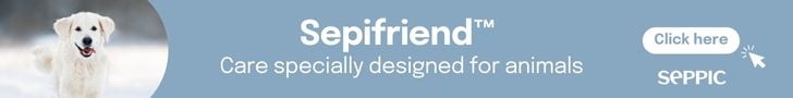 site-industries-cosmetics 广告横幅,左边是一只金毛猎犬。文字内容为 "Sepifriend™ - Seppic 专门设计的宠物护理产品"。右边的按钮上写着 "点击这里",位于 "SEPPIIC "上方。淡蓝色背景。2025 年 10 月推出。