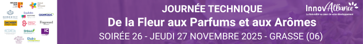 site-industries-cosmetiques Insígnia de "De la Fleur aux Parfums et aux Arômes", manifestação técnica em Grasse, França, prevista para quinta-feira, 27 de novembro de 2025. Innov'Alliance, os logótipos dos patrocinadores e o logótipo da Inno'Avenir sobre um fundo roxo. Guardem a data: outubro de 2025!.