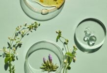site-industries-cosmetiques Sobre una superficie verde pálido descansan tres placas Petri de cristal: una con un líquido amarillo, otra con gotas transparentes y la última con flores moradas y ramitas verdes. Los tallos floridos y una etiqueta Auto Draft completan la presentación científica.