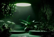 site-industries-cosmetiques Un moderno jardín interior con varias plantas de exuberante vegetación y grandes hojas, iluminado por una lámpara de techo circular, crea un espectacular efecto lumínico en una habitación que, de otro modo, sería oscura, como si un boceto de Brouillon cobrara vida.