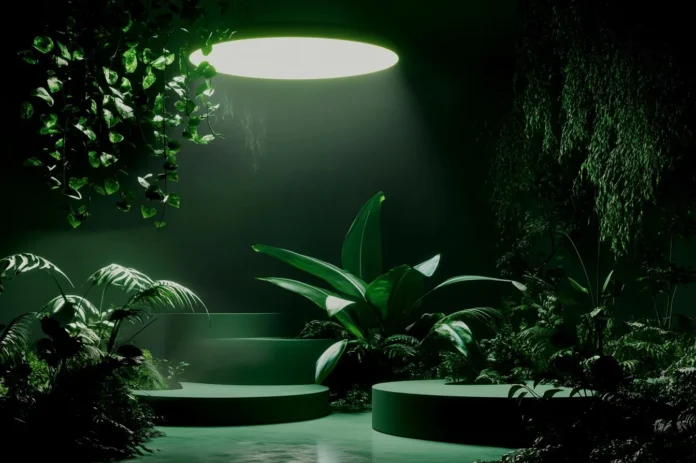 site-industries-cosmetiques Um jardim interior moderno com várias plantas verdes exuberantes e folhas grandes, iluminado por um candeeiro de teto circular, cria um efeito de iluminação dramático numa sala escura, como se um desenho de Brouillon ganhasse vida.
